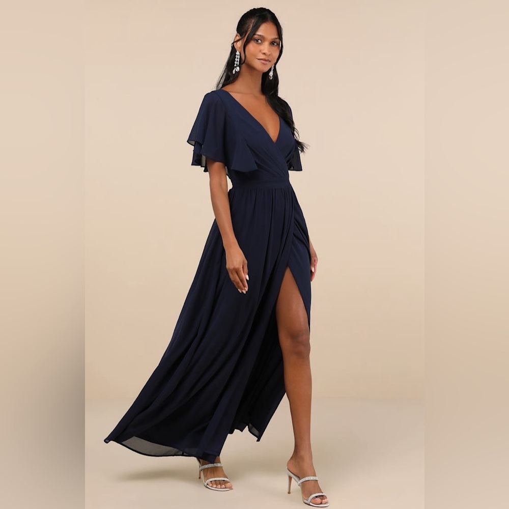 Lulus-Convincing Grace Navy Blue Flutter Sleeve Wrap Maxi Dress (XS/S)